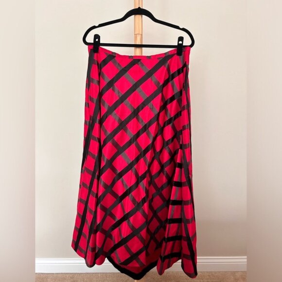 J. Peterman Windowpane Plaid Check Maxi Skirt Silk Blend Red Black Holiday Sz 16 - Picture 3 of 8